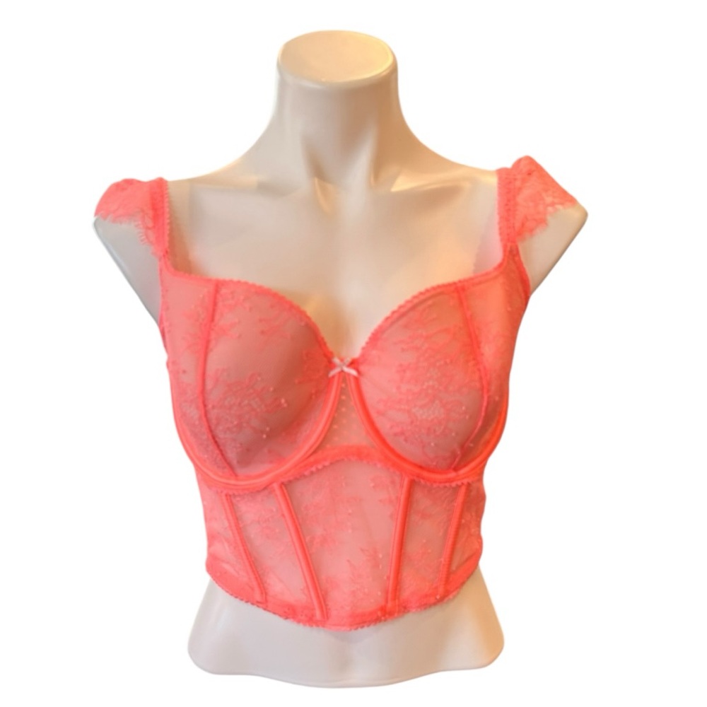 VICTORIA’S SECRET Dream Angels Lace Cap Sleeve Corset Top Neon Nectar Size M DD